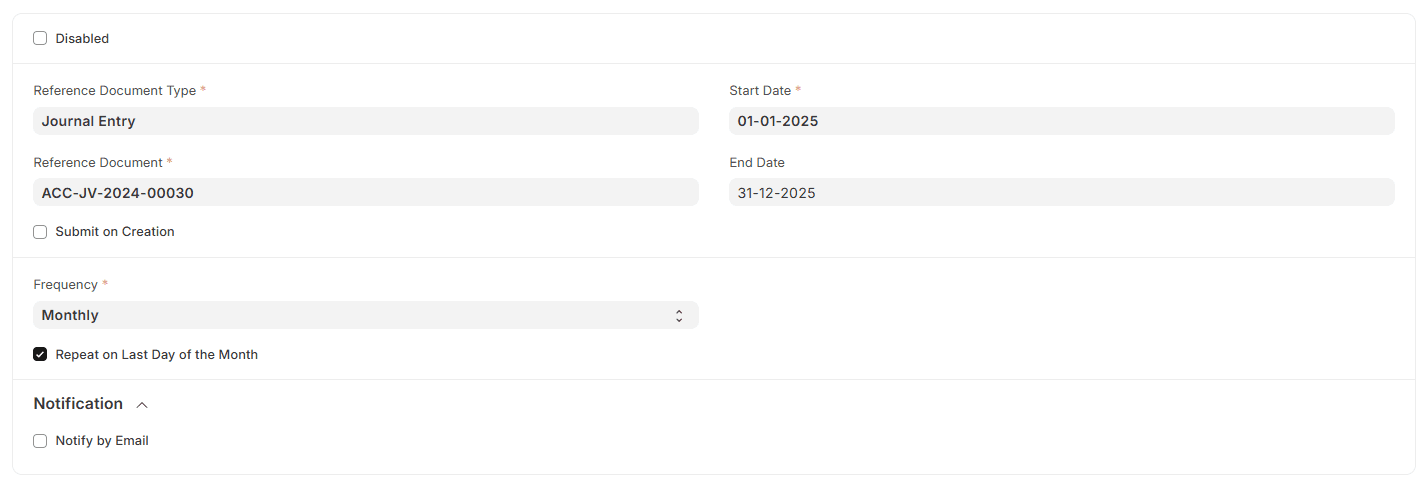 ERPNext Auto Repeat set to recreate a Journal Entry monthly on the last day, Jan to Dec 2025