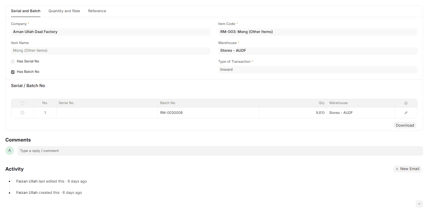 ERPNext v15 Serial and Batch Bundle linking batch RM-0030008 (9,810 qty) to an inward transaction