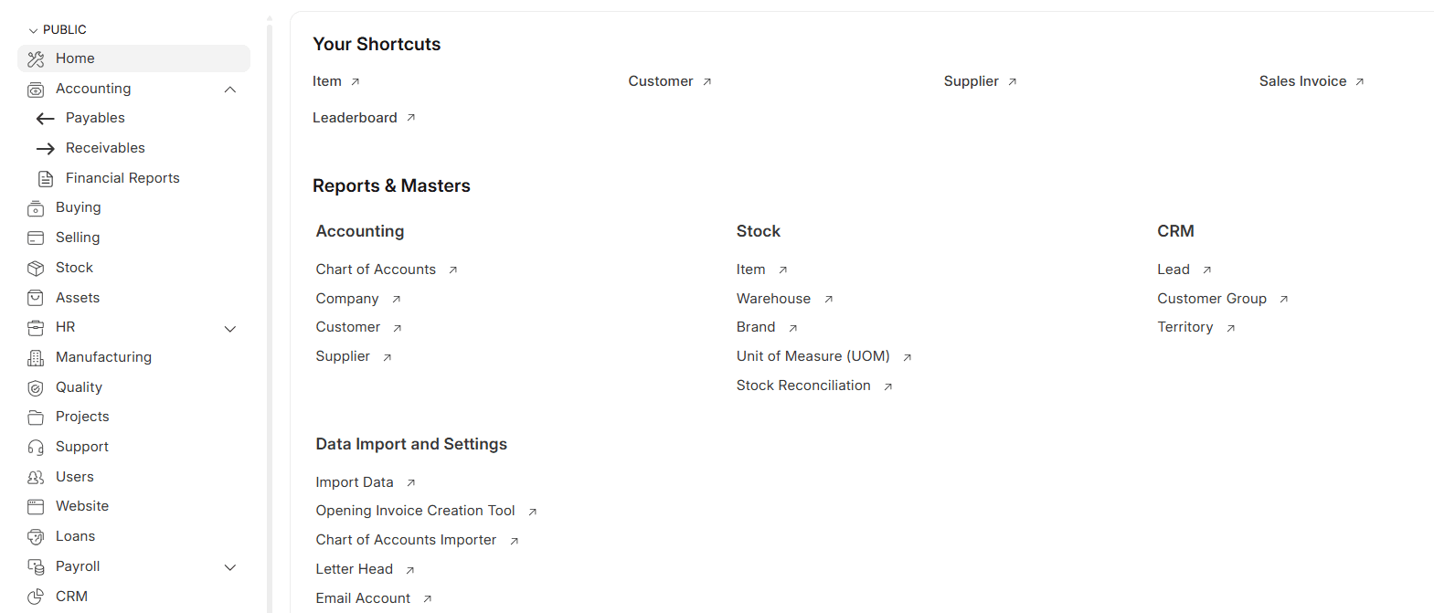 ERPNext v15 Home workspace with sidebar modules, shortcuts and Reports & Masters links