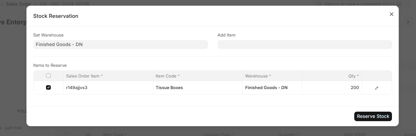 ERPNext v15 Stock Reservation dialog reserving 200 Tissue Boxes in Finished Goods - DN for a sales order