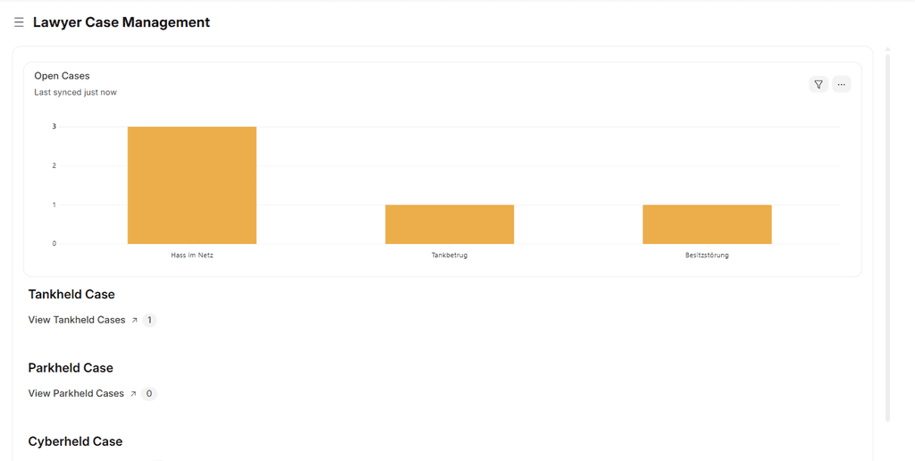 Lawyer Case Management workspace with an open-cases chart and view-only links to assigned cases