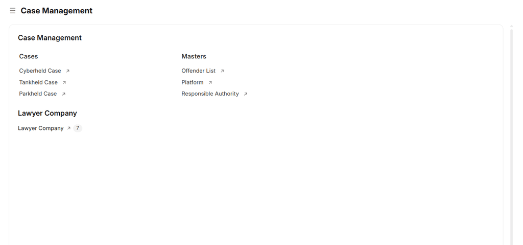 Staff Case Management workspace linking all case types, masters and lawyer companies